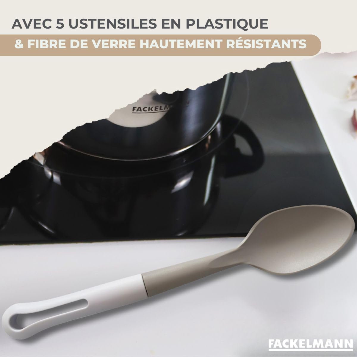Fackelmann Batterie cuisine 5 pieces 16-24 cm + 5 ustensiles | Lot complet pour équiper la cuisson, 10 pièces avec faitouts 16 20 24 cm, Poêle inox 20 cm, Induction gaz vitrocéramique