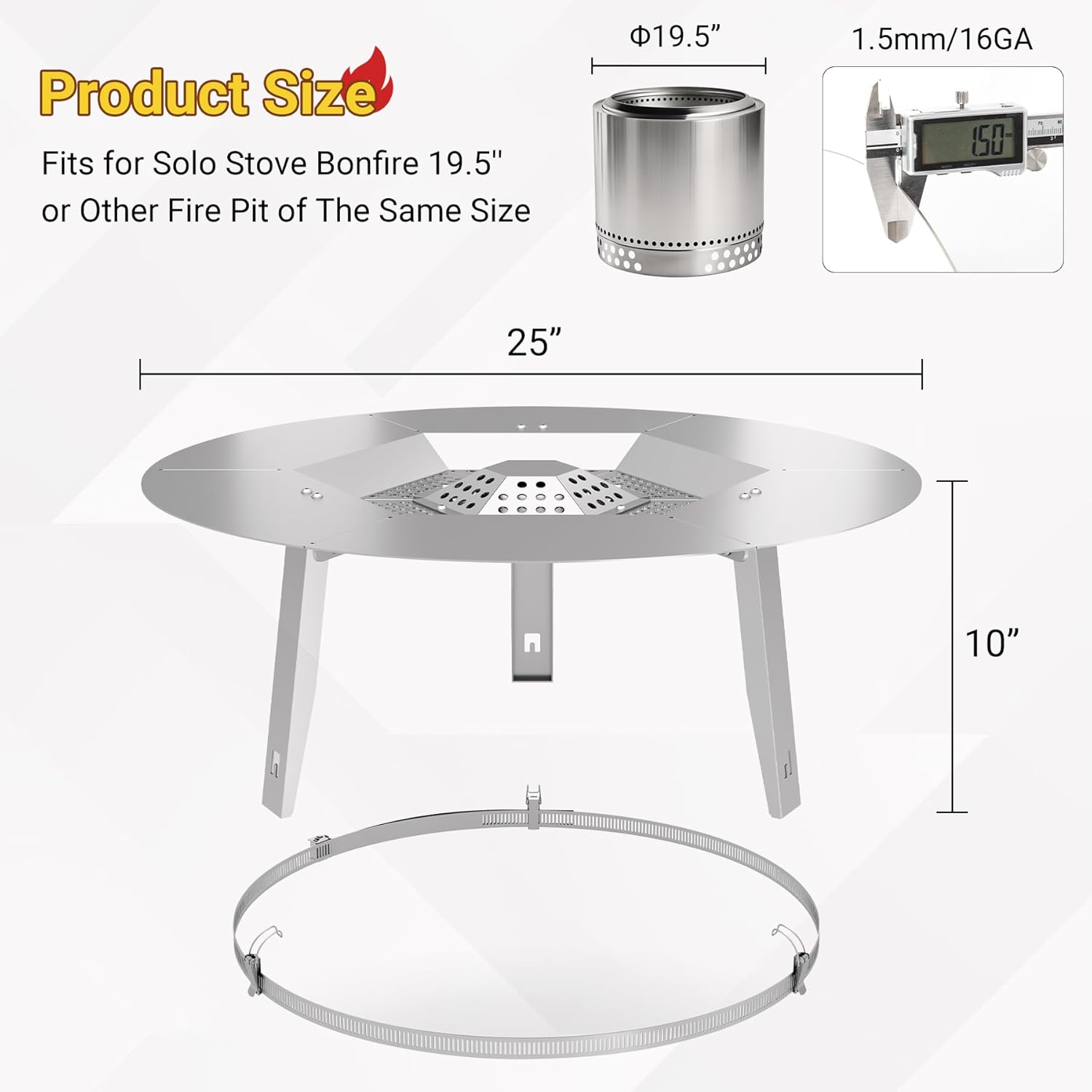 Upgraded Heat Deflector for Solo Stove Bonfire 19.5’’, 304 Stainless Steel Heat Diffuser with Detachable Legs & Fix Hoop, Capture and Redirect Warmth, Camping Accessory