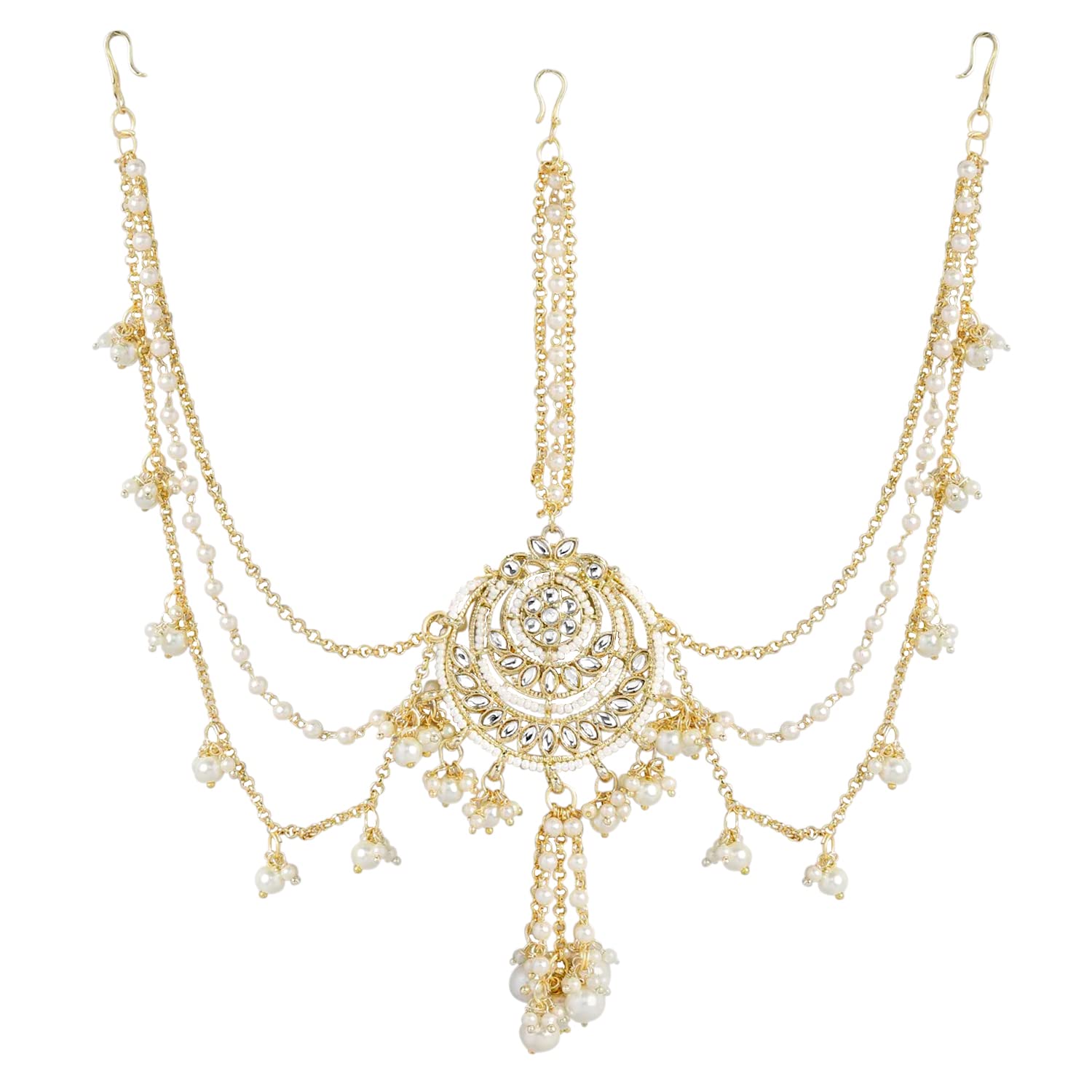 Peora Traditional Gold Plated White Kundan Pearl Studded Maang Tikka Matha Patti for Women Girls (PF37T2083W)