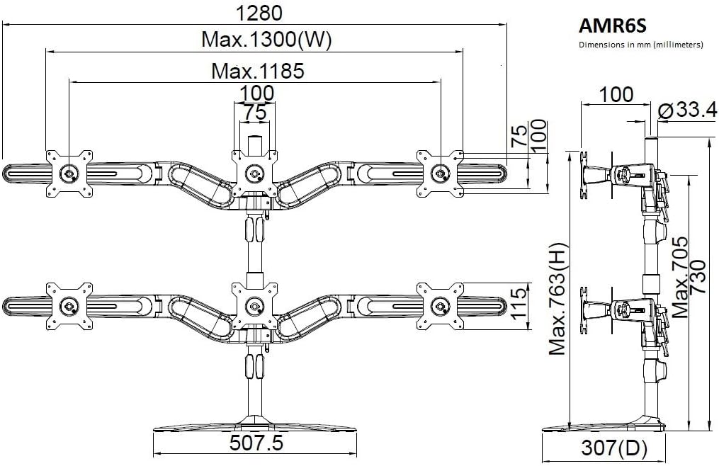 Amer Mounts AMR6S: Hex Monitor Mount - Desk Stand - Displays up to 6/Six 24 inch LCD/LED Screens