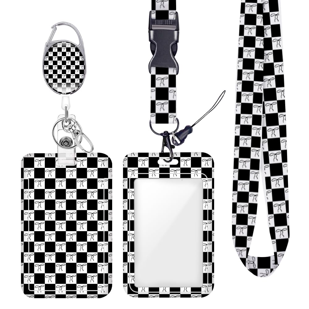 Bow Checkered ID Badge Holder Badge Reel Lanyards for ID Badges Work Vertical Protector Retractable Carabiner Clips Heavy Duty Key Lanyard for Women