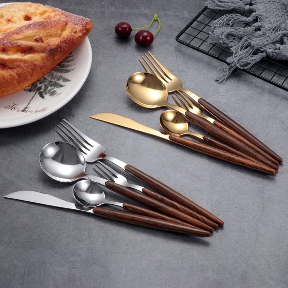 Ensemble de Couverts en Bois 50 pièces, en Acier Inoxydable Durable avec Manche en Bois, Comprenant Couteaux, fourchettes et cuillères délicats. Service de Table idéal pour la Cuisine, notam