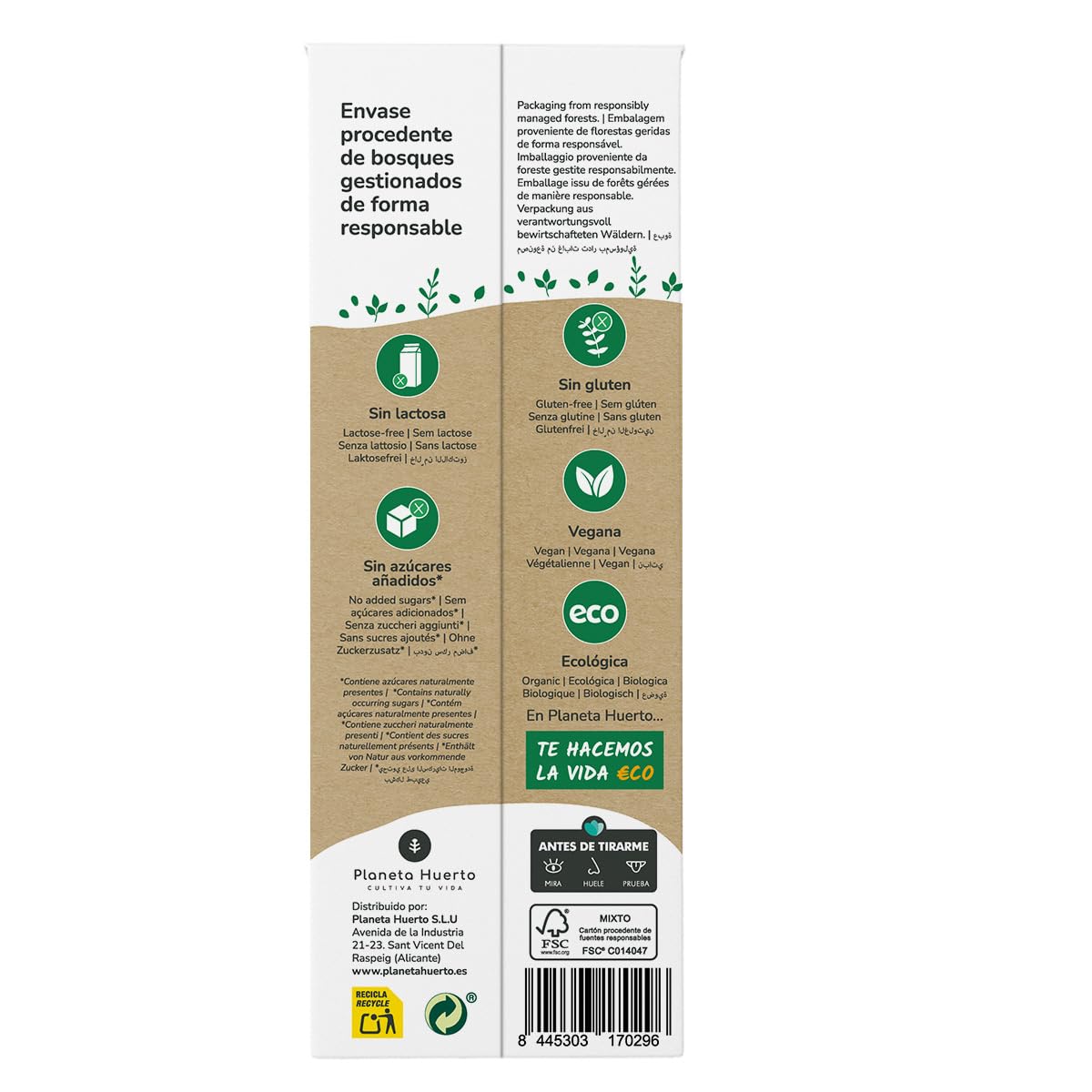 PLANETA HUERTO Bebida de Arroz Eco 1L Sin Lactosa Sin Azúcar Añadido 100% Natural Pack 6x