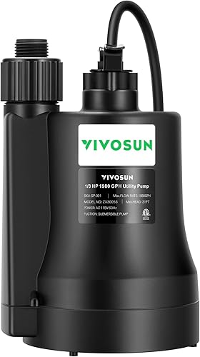 VIVOSUN Bomba de agua sumergible, bomba utilitaria de 13 HP 1980 GPH, bomba de sumidero termoplástico con cable de 10 pies, compacta y portátil,