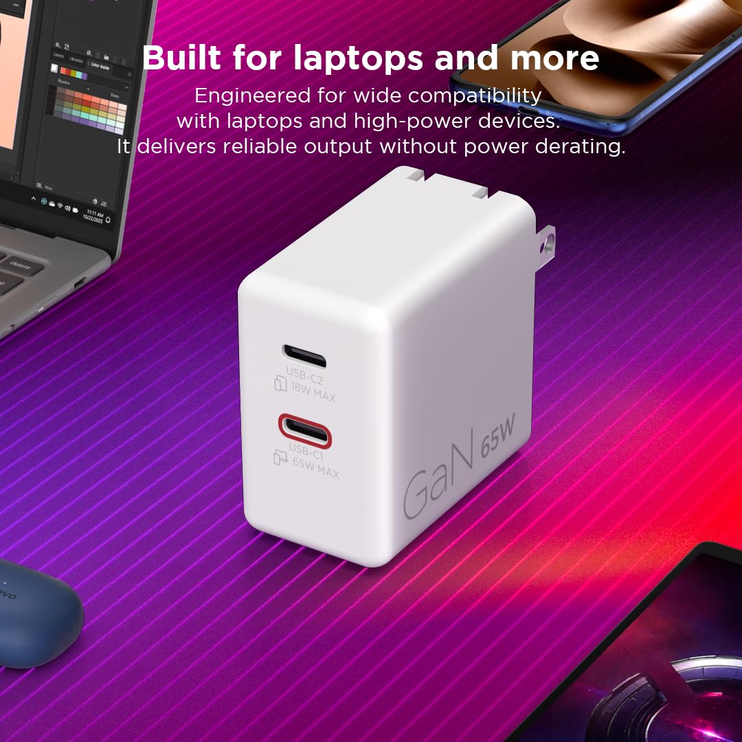 Lenovo Caricatore doppio USB-C 65W GaN, 2 porte USB-C, per laptop/tablet, telefoni e altro, dimensioni compatte, spina pieghevole, include cavo USB C da 1,5 m, modello/tipo: CC65, bianco