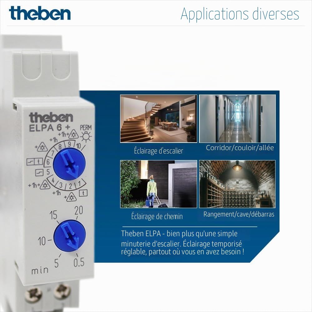 Theben 0060003 ELPA 6 Plus minuterie d’escalier électronique Rail DIN | 0,5 - 20 min, 600 W LED, appareil multifonction 10 fonctions, préavis d’extinction, réarmement immédiat, arrêt anticipé