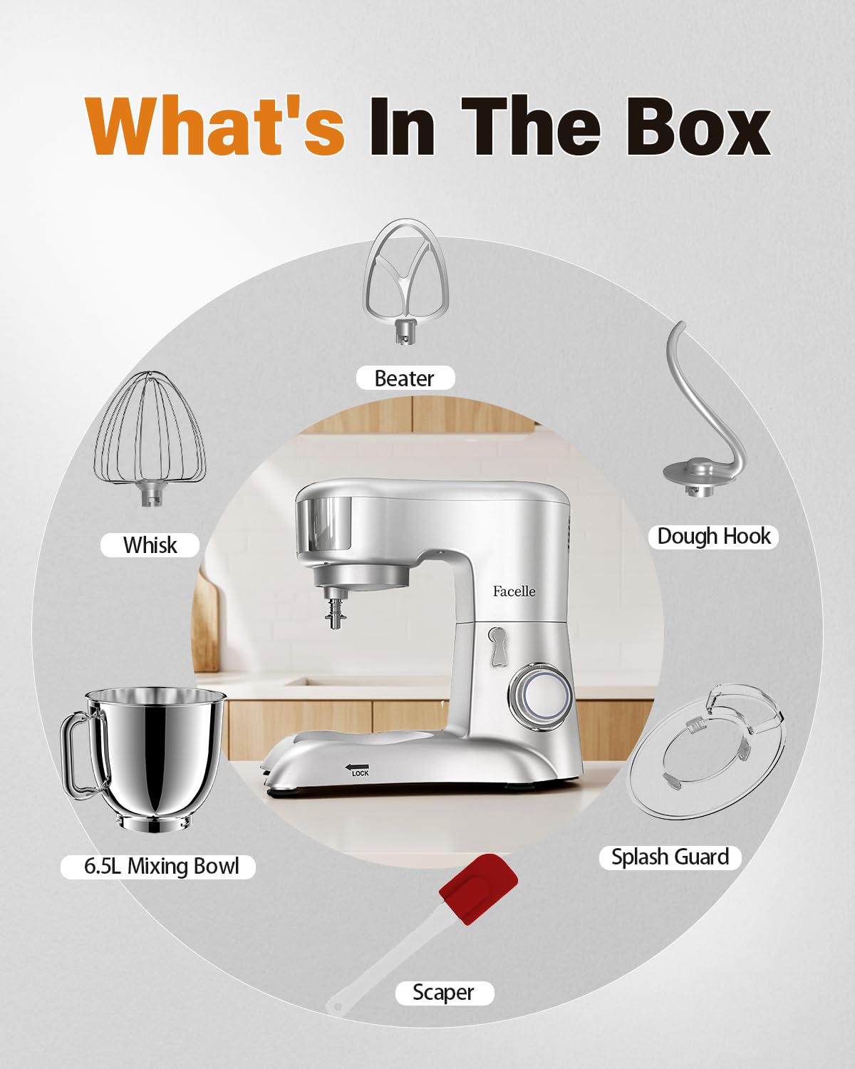 Facelle Batidora Amasadora, 1300W Bajo Ruido Amasadora Reposteria, 6,5L Bol de Acero Robot Cocina, Mixer Multifuncional para pasteles, pizzas, masa y galletas