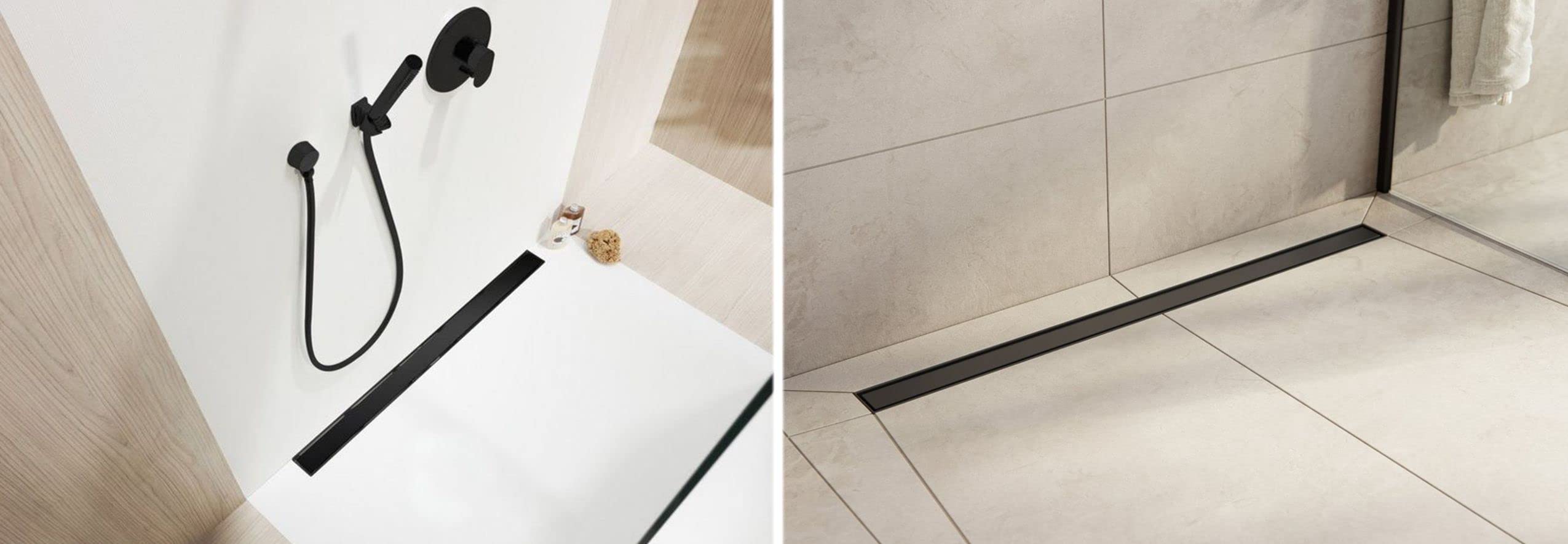 Bulles Caniveau de Douche Italienne avec Siphon Ultra-plate en Acier Inoxydable Grille Sol de Douche Linéaire Hauteur d'installation de 52 m Ensemble Complet Noir 90 cm