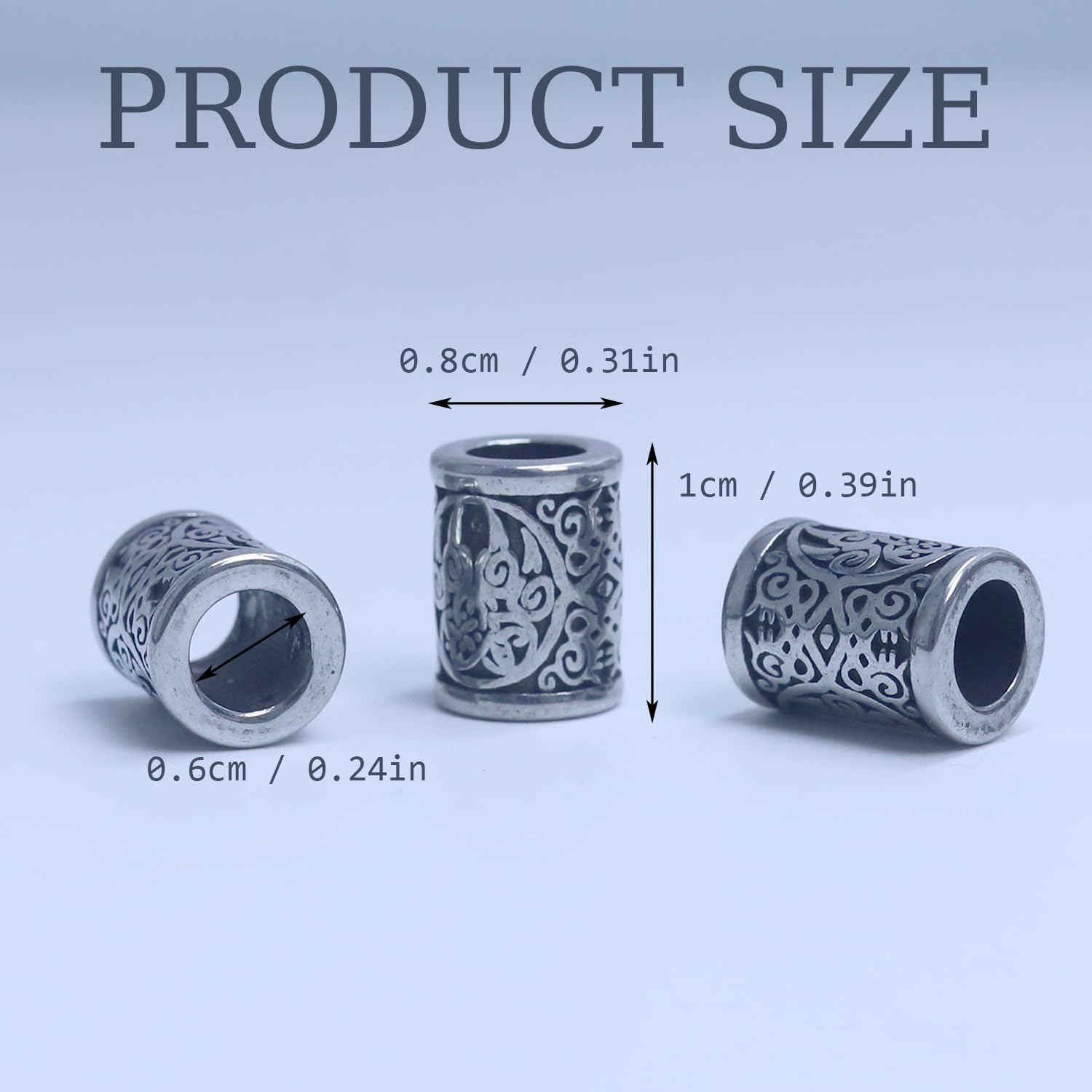 3 perlas vikingas de acero inoxidable para barba, trenzas, diámetro interior de 6 mm, para trenzar el pelo, pulsera, colgante, collar, plata, joyas para el pelo, árbol, plata vintage, 1*0.8cm