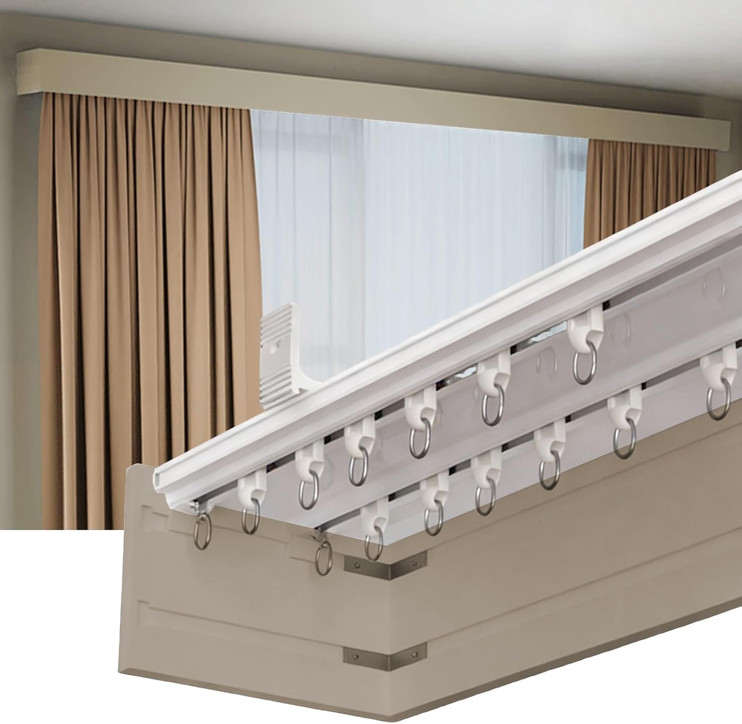 Ceiling/Wall Mounted Curtain Pelmet Box, Decorative Curtain Pelmet Box Panel with Double Track, Blackout Valance Rod Rails Set for Windows(Champagne wall,460cm/15.1ft)