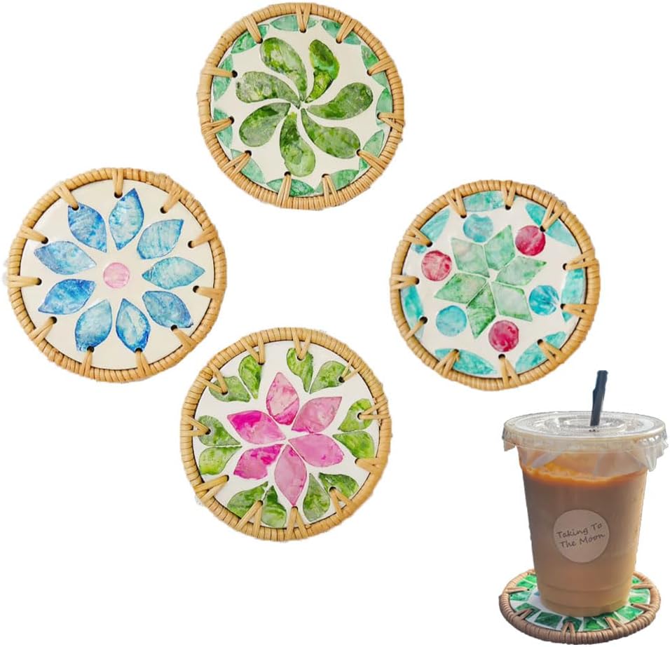 Seashell Drink Coasters - Set of 4 Round Colorful Shells Artistic Insulation Mat Handmade Woven Rattan Coasters for Various Cups Table Protector 10x10cm