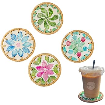 Seashell Drink Coasters - Set of 4 Round Colorful Shells Artistic Insulation Mat Handmade Woven Rattan Coasters for Various Cups Table Protector 10x10cm