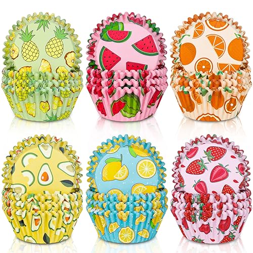 Whaline 600Pcs Fruit Cupcake Liners Strawberry Watermelon Lemon Pineapple Orange Avocado Cupcake Wrappers Holders Muffin Liners Cups Summer Baking Liners for Bridal Baby Shower Birthday Party Supply