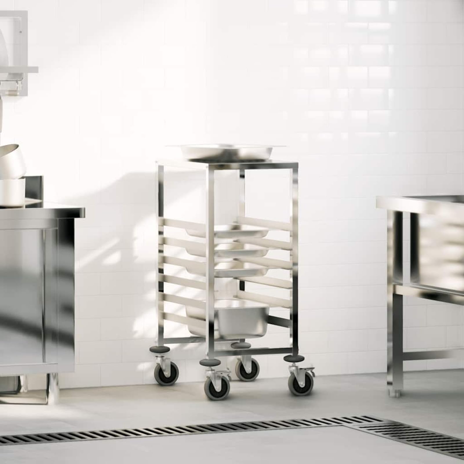 Geecher Carrello Portateglie con 6 GN Contenitori, Mobile per Vassoi da Cucina 39x55x87 cm in Acciaio Inossidabile, Ideale per Ristoranti e Cucine Professionali