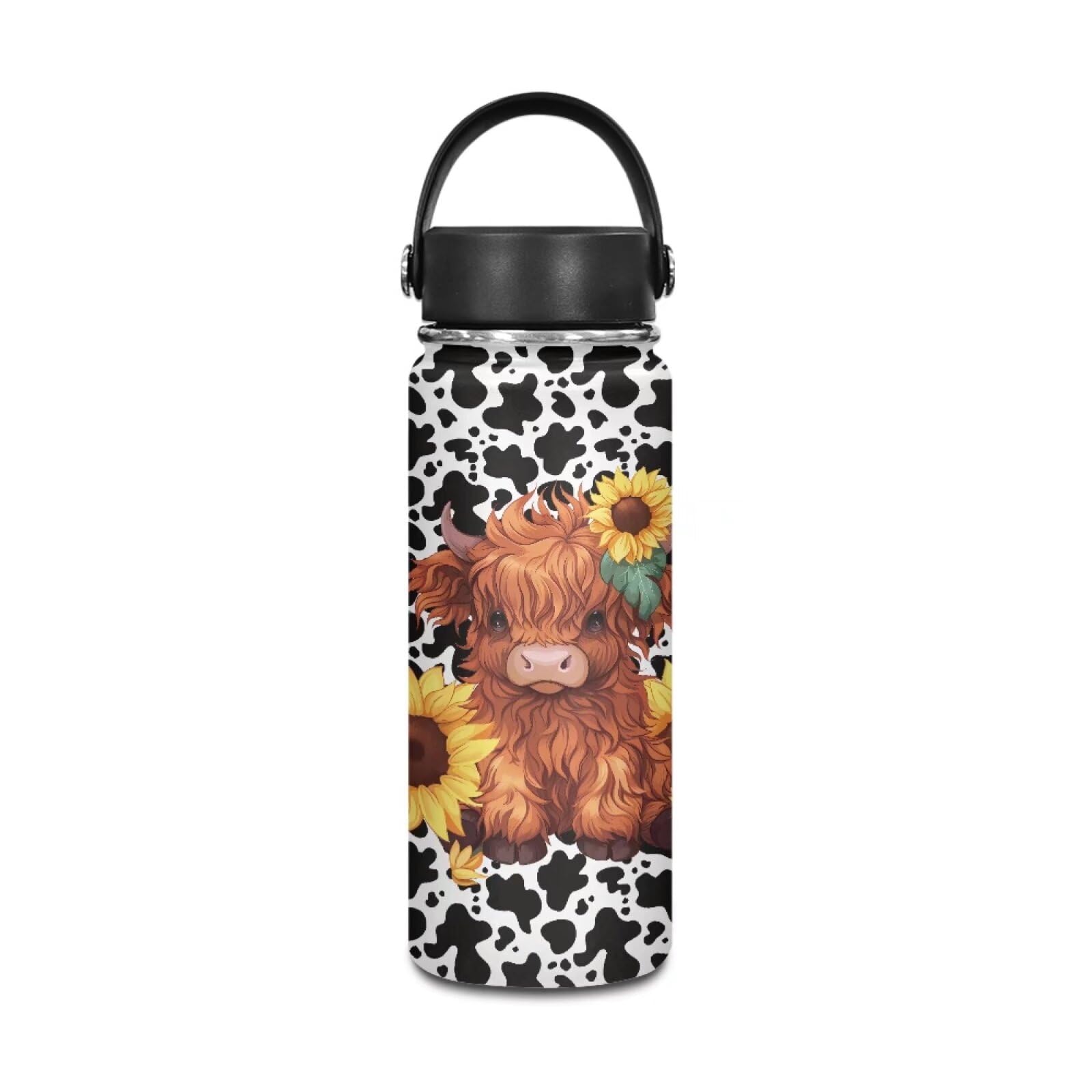 Hinthetall Vacuum Insulated Water Bottle for Women Men Kids, Stainless Steel Water Bottle for Hot & Cold Drinks, Sweat & Leak Proof, Great for Travel Hiking Camping, Sunflower Yak Cow Print