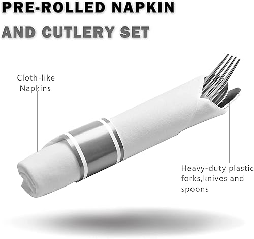 Miniatura 3 de 50 cubiertos de plástico plateado preenrollados, servicio para 50 personas, juego desechable envuelto con tenedores, cuchillos, cucharas,