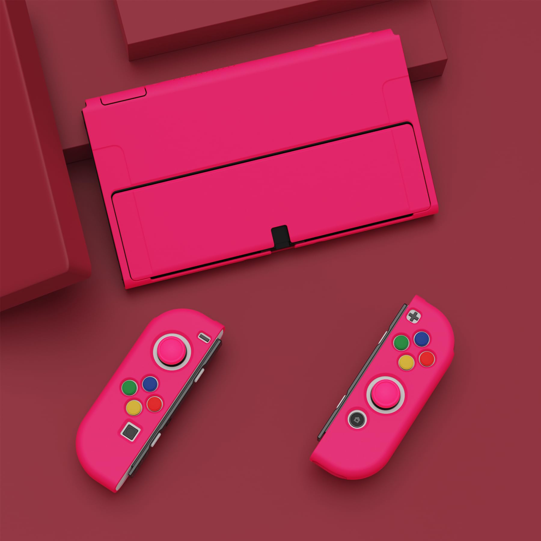 playvital ZealProtect Soft Protective Case for Nintendo Switch OLED, Flexible Protector Joycon Grip Cover for Switch OLED with Thumb Grip Caps & ABXY Direction Button Caps - Bright Pink — view 4