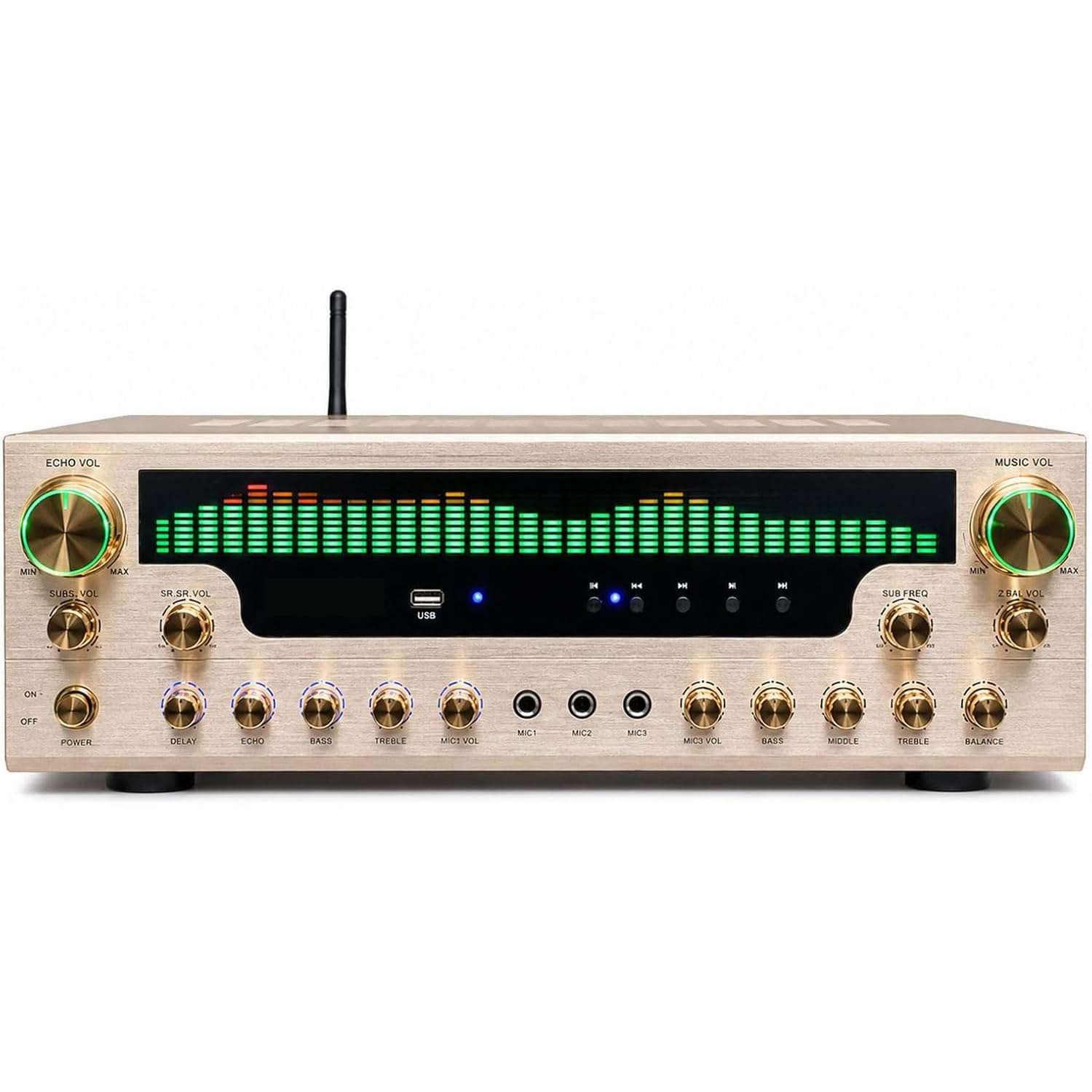 7,1-kanałowy odbiornik stereo, domowy wzmacniacz audio 2500 W, dynamiczny wyświetlacz spektrum, Bluetooth, odtwarzanie USB, optyczne koncentryczne wejścia Aux RCA, wiele gniazd mikrofonowych
