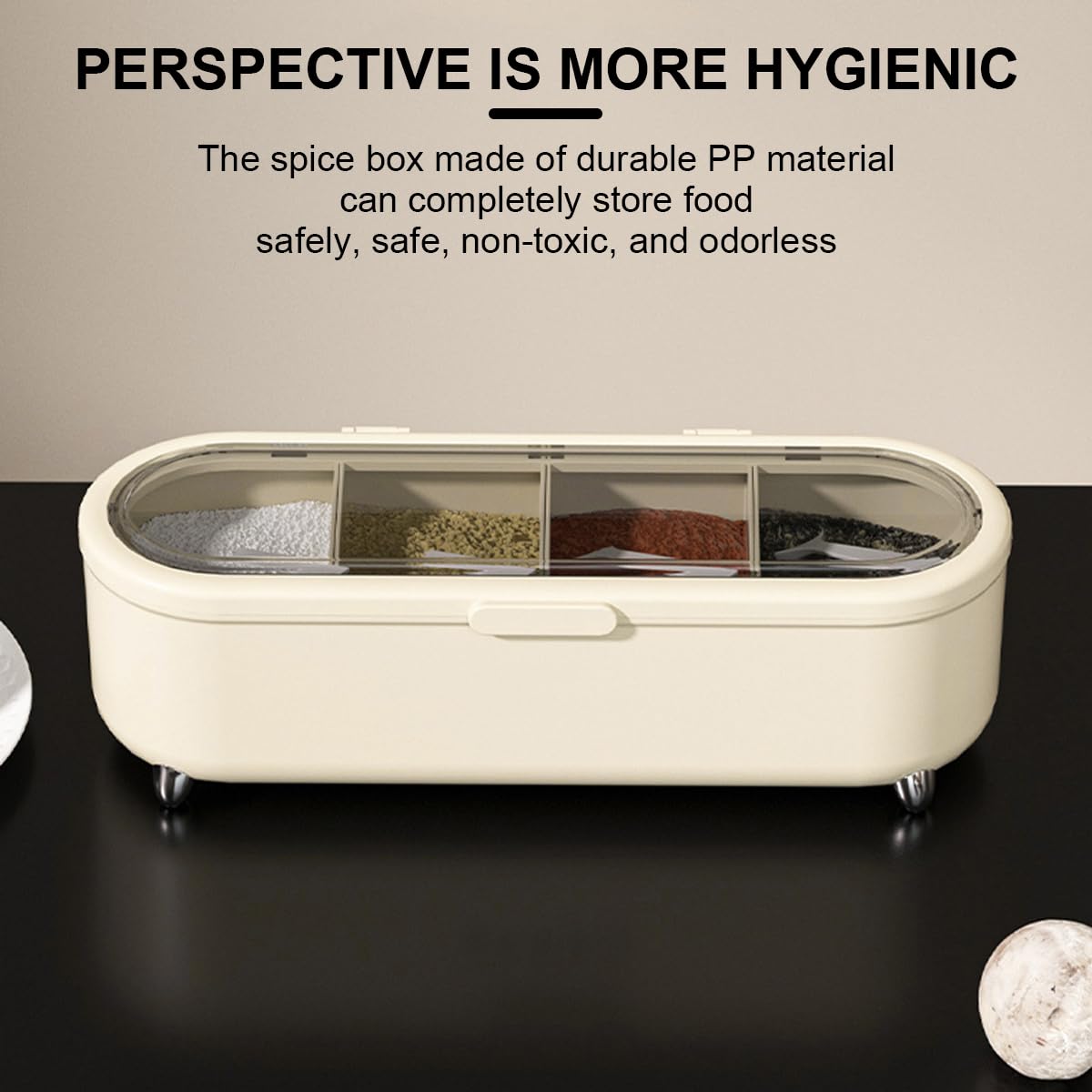 4 Grids Plastic Seasoning Box, Cruet with Cover and Spoon Transparent Condiment Container Spice Pots, Plastic Spice Jar with 4 Serving Spoons, Kitchen Seasoning Box for Chili Salt Sugar Black Pepper