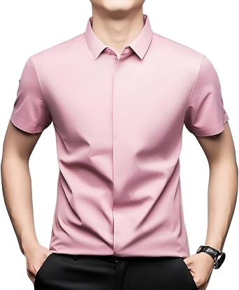 mocoly Mens Short Sleeve Shirt, Silk Material, Seamless Hidden Buttons, Elegant Style, Solid Color, Thin, Fit Type, No Iron, For Summer, For Middle-aged Men