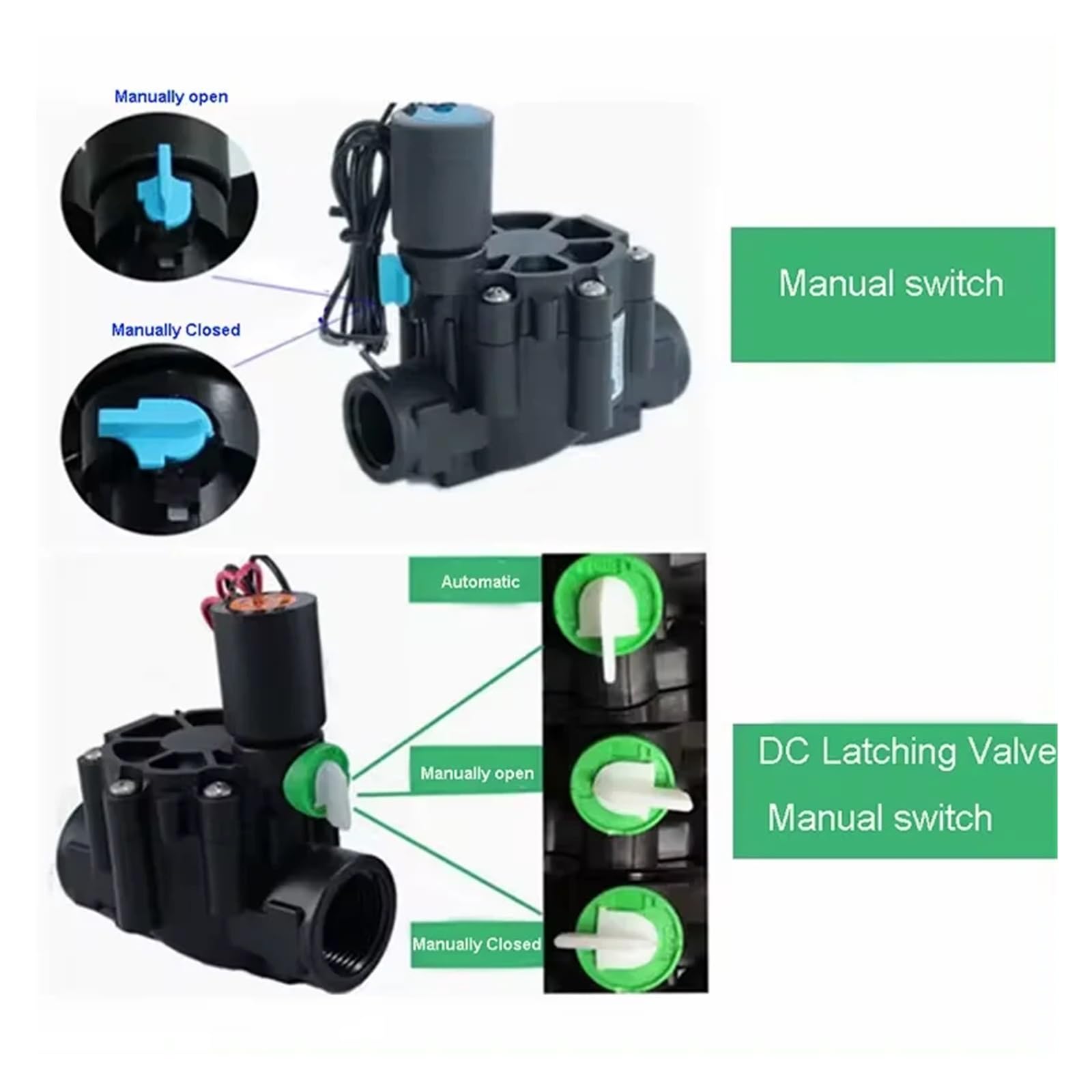Electroválvula de riego de 3/8'', 2 vías, 2 Posiciones, N/C, 220 V, 12 V, 24 V CC, con Enclavamiento for riego agrícola(DC 24V)