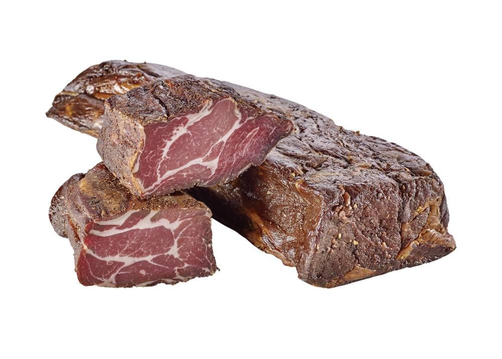 Almgourmet - Knoblauchspeck - 2 Stück je 400g - kräftiger Speck aus dem Nacken - in Knoblauchlake gepökelt