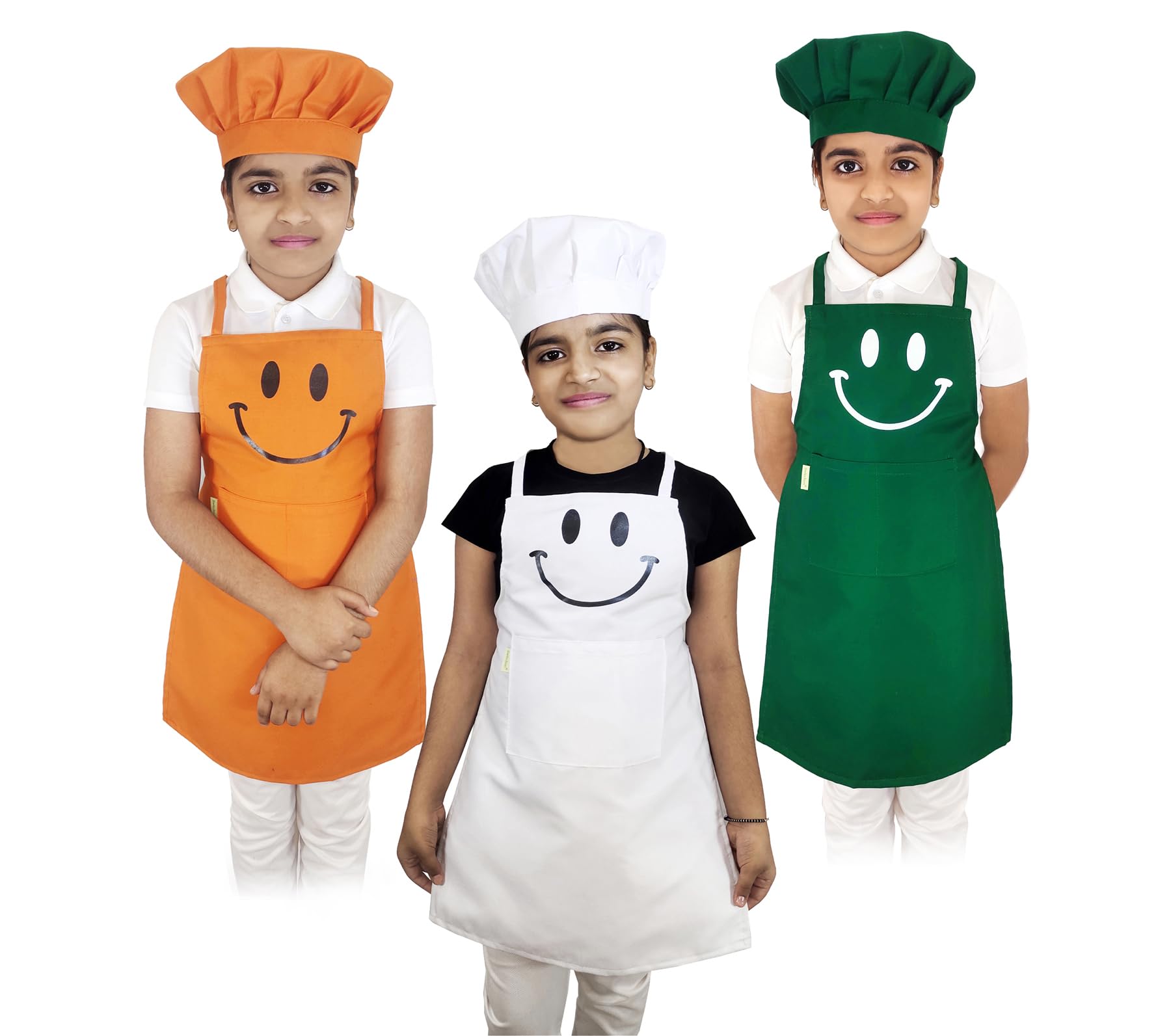 Switchon Polyester Waterproof Adjustable Kids Multi purpose Cooking Apron with a chef cap School Apron - for 3 years to 6.5 years (Orange,Green,white) independence day theme apron