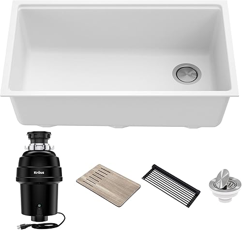 KGUW1-33WH-100-100 Bellucci - Fregadero de cocina compuesto de granito bajo montaje de 32 pulgadas en blanco con WasteGuard de 1 HP para eliminación
