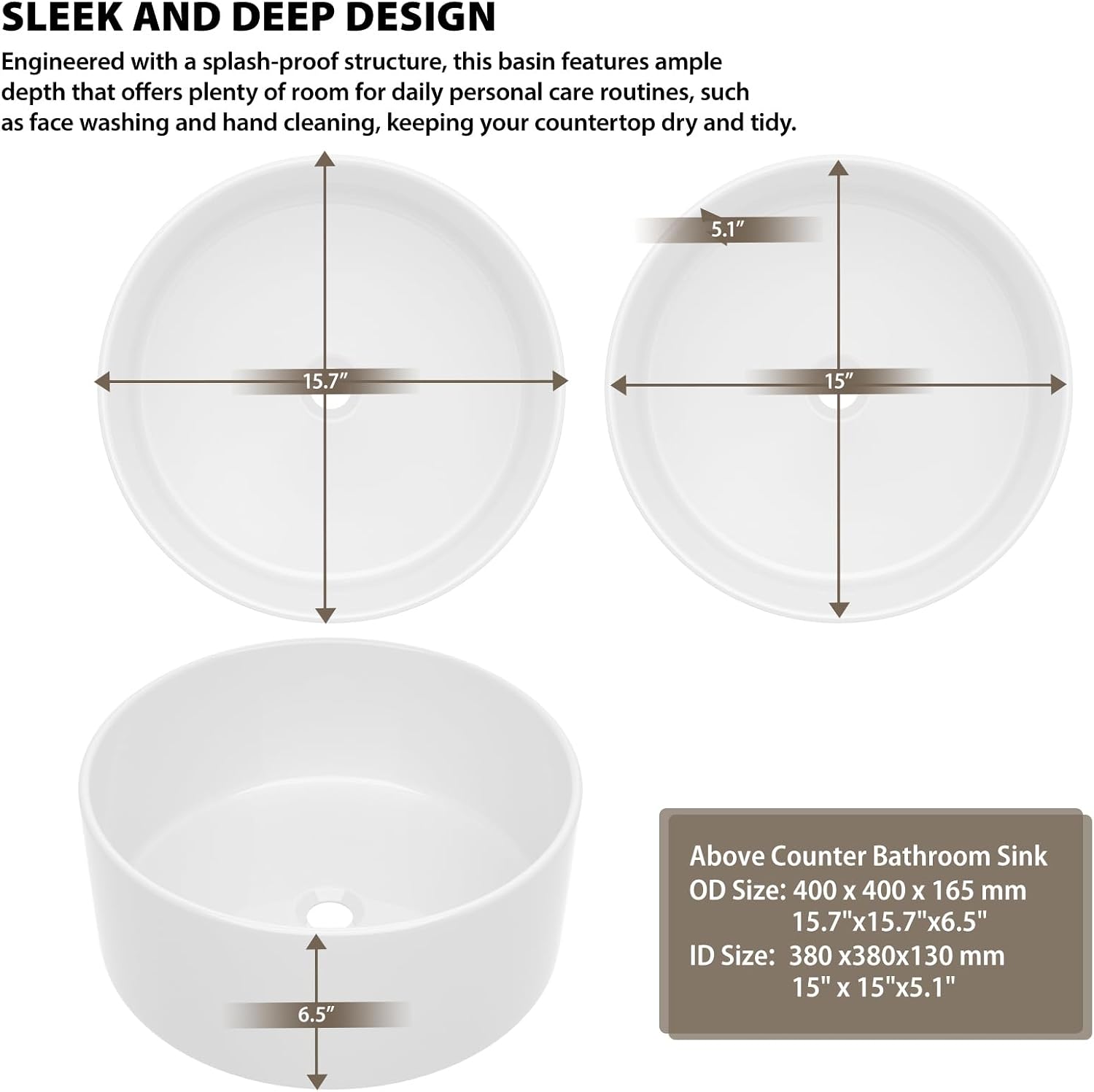 Round Vessel Sink 15"x15" White Porcelain Ceramic Bathroom Sink, Above Counter Vanity Art Basin