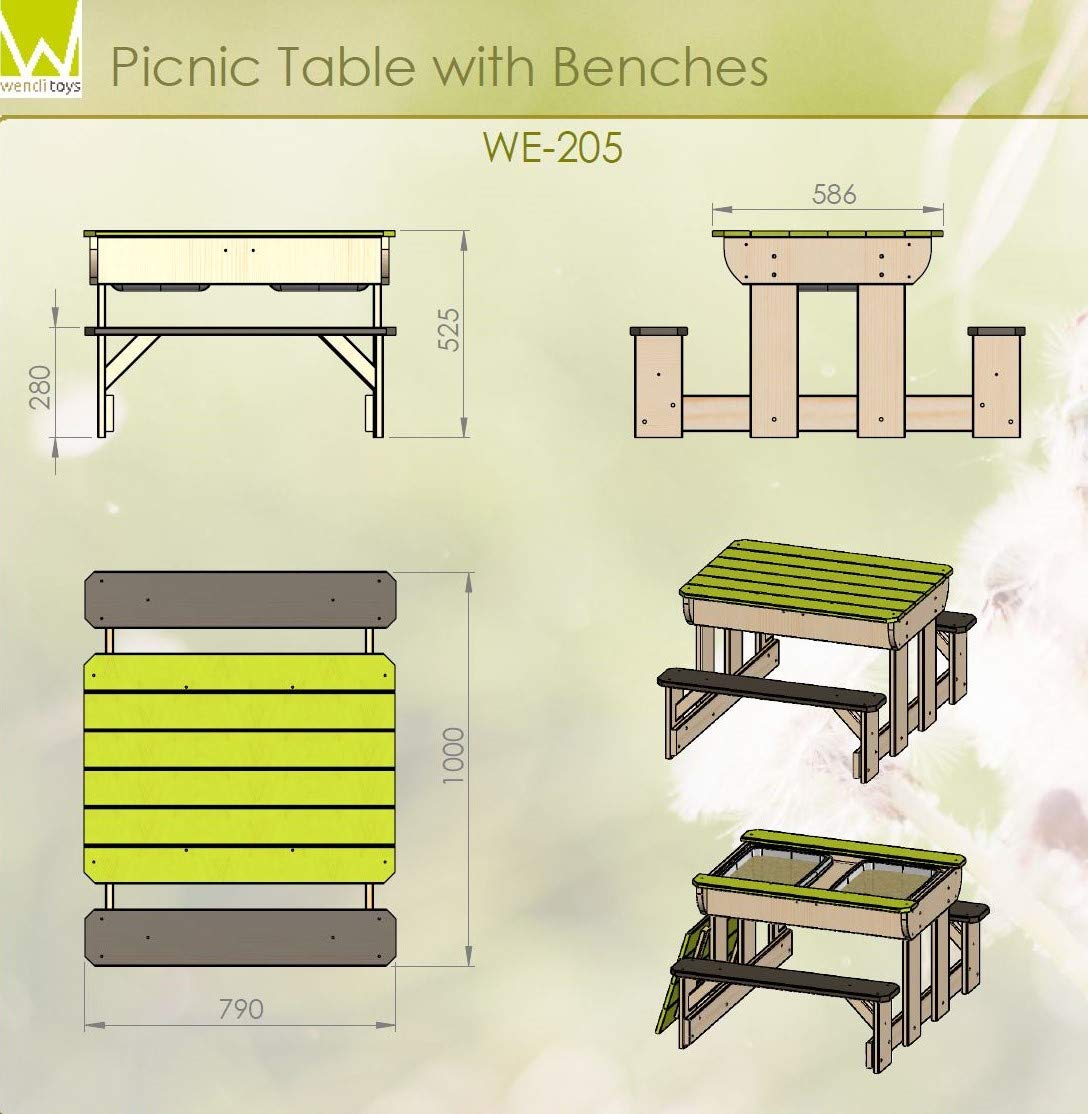 Mesa de Picnic con Arena y Agua para Niños con Bancos de Madera y 2 Bandejas Plásticas