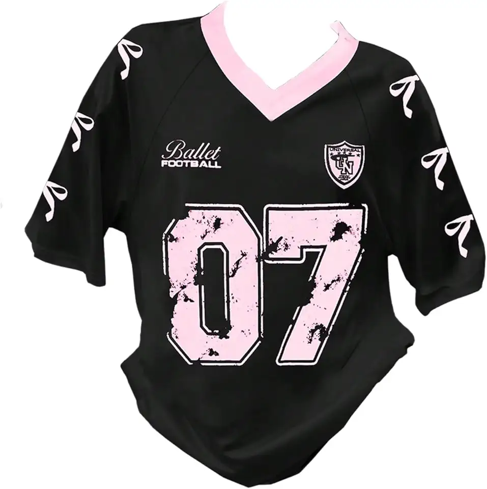RoseSeek Girl's Jersey Y2K Oversized Graphic Number Print Tops V Neck Short Sleeve T Shirt Hip Pop Tee Streetwear