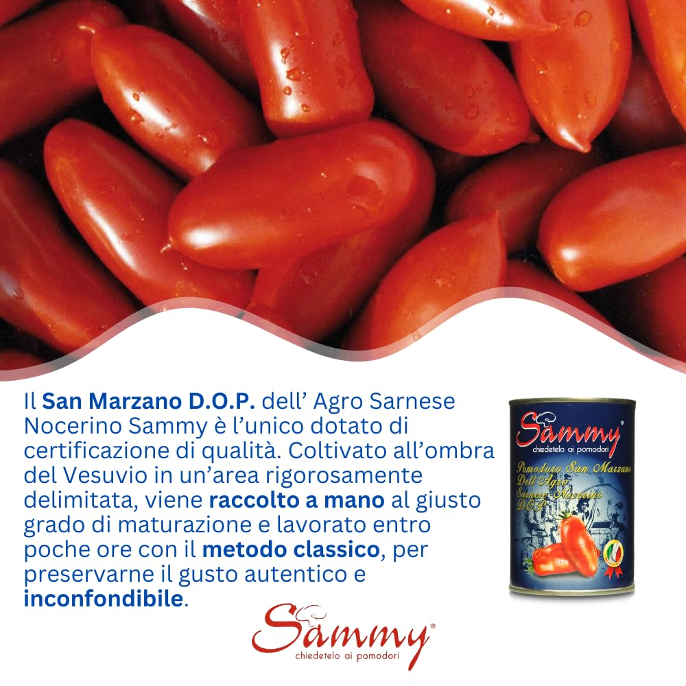 SAMMY - Pomodori San Marzano DOP, Pomodoro dell'Agro Nocerino Sarnese, 100% Filiera Italiana, Gusto Dolce e Intenso, 12 Pezzi in Latta da 400gr