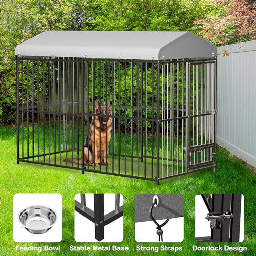 Large Outdoor Dog Kennel with Waterproof Cover, Large Dog House with Feeding Doors, Heavy Duty Dog Enclosures for Garden Backyard Courtyard（8×4×6FT）