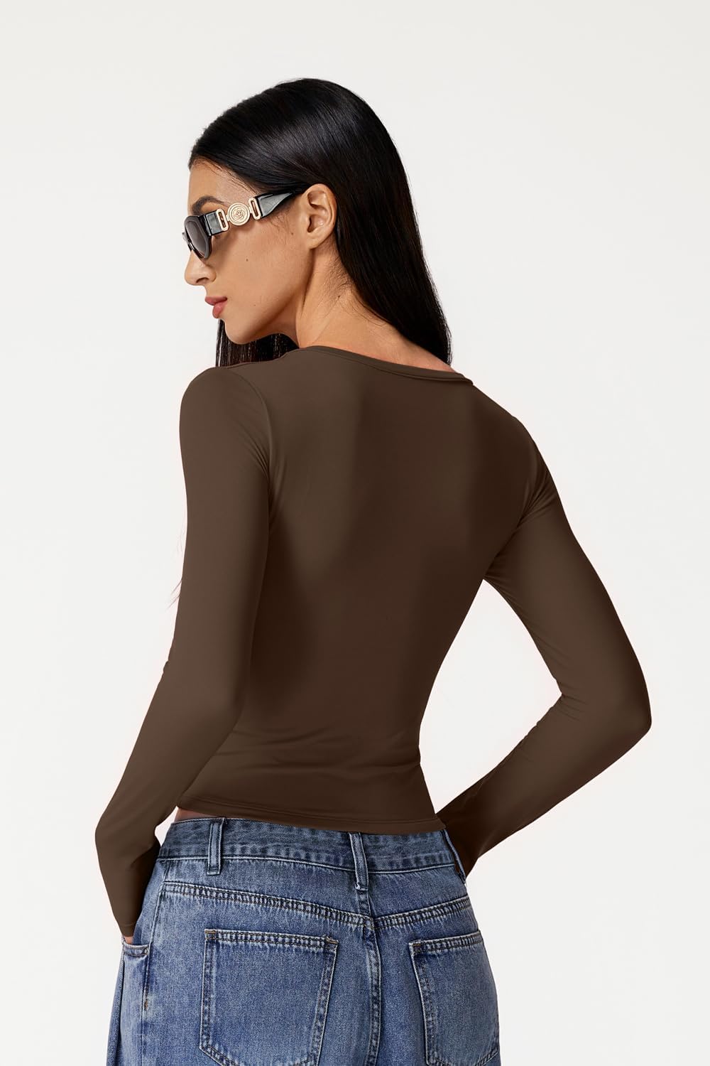 QINSEN Women Double Lined Fitted Basic T Shirts V Neck Long Sleeve Crop Top - Image 5