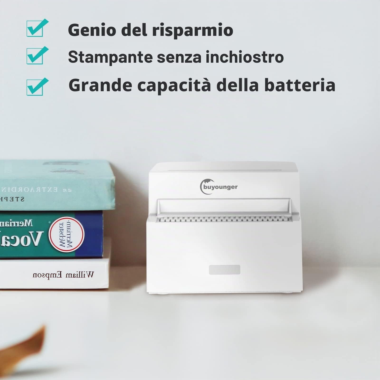 Buyounger Mini Stampante – Stampante Termica Portatile per Smartphone, Bluetooth Mini Stampante Fotografica e per Adesivi, Regalo Creativo per Studenti, Studio, Ufficio & Casa (Carta Termica Inclusa)