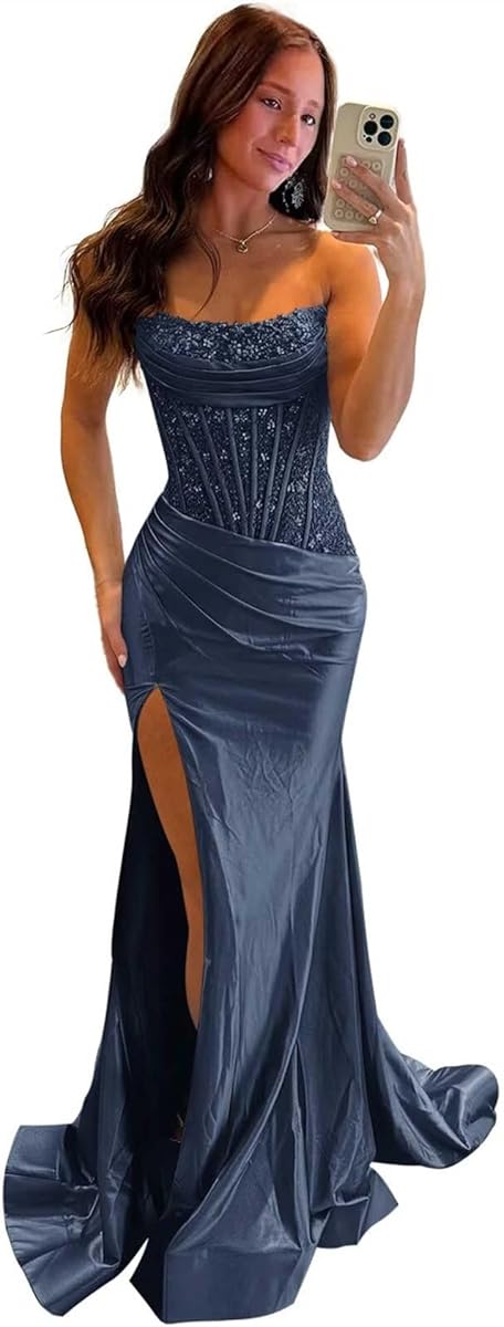 Glitter Sequin Satin Prom Dresses for Women Long Sparkly Mermaid Strapless Corset Formal Evening Party Gown with Slit