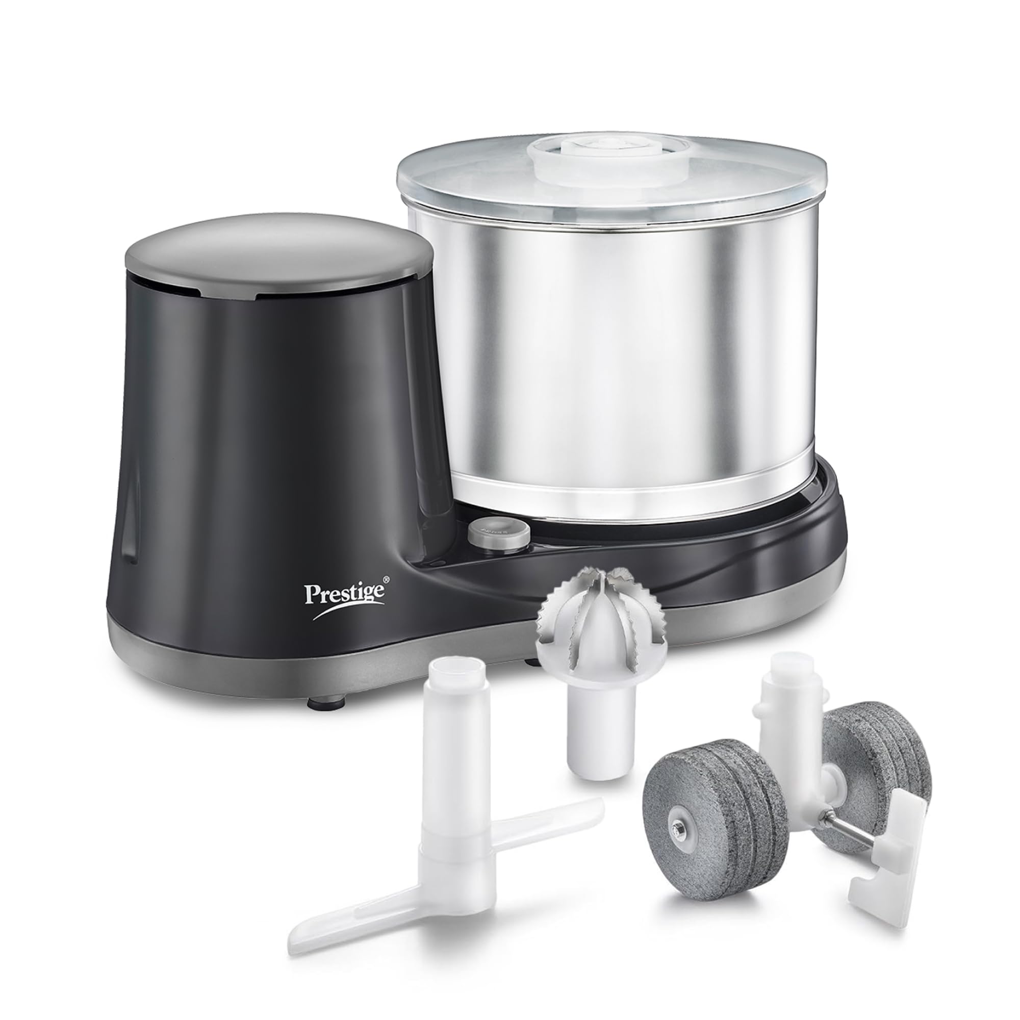 Prestige Ultima Pro 2 Litre Table Top Wet Grinder |200 Watts Heavy Duty Motor|Coconut Scraper Attachment|Atta Kneader Attachment|Stainless Steel Drum|2 Years Warranty|Grey & Black
