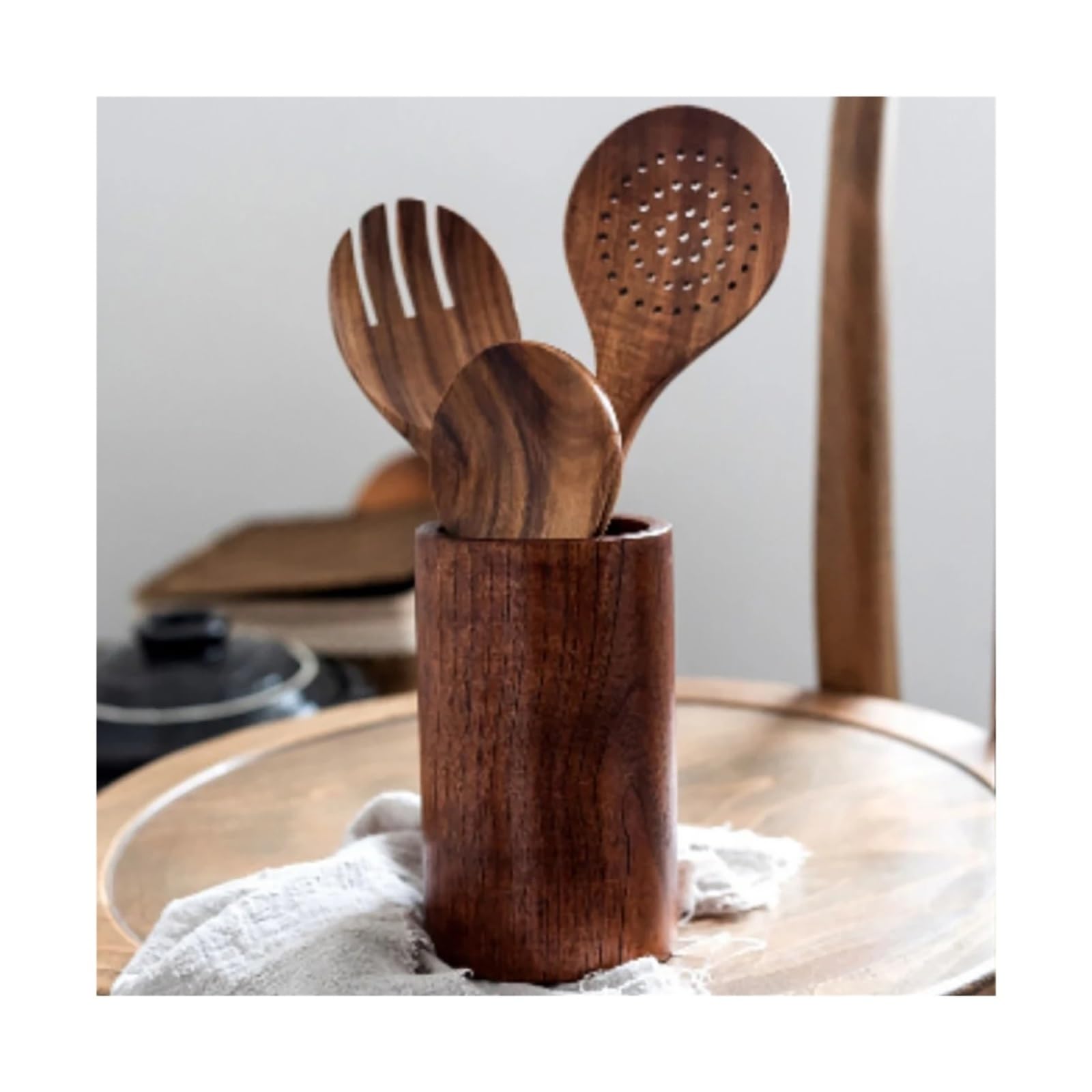 Küchenutensilien-Set aus Holz, bestehend aus Pfannenwender, Löffel, Salatgabel, Rührlöffel, Backutensilien und Aufbewahrungseimer.(5Pcs)