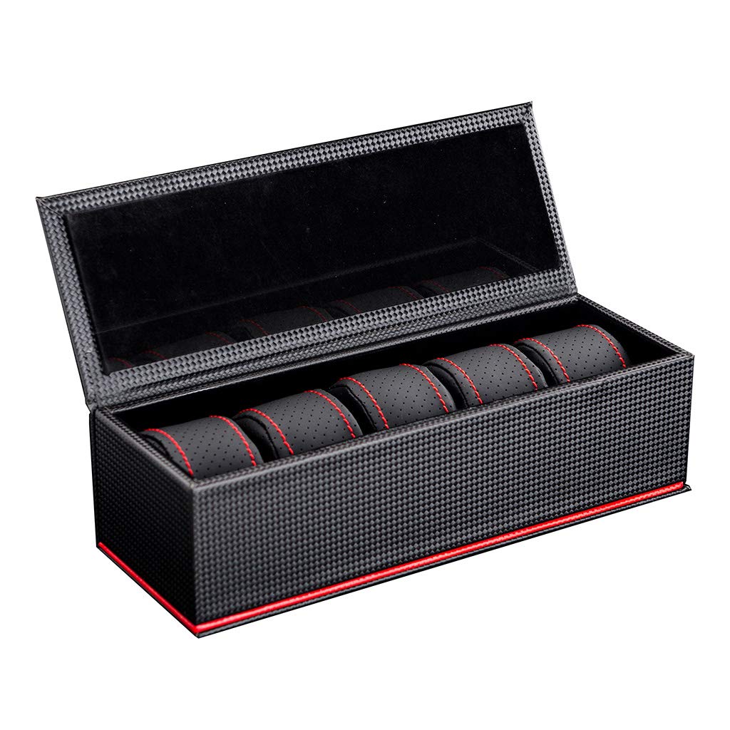 MUSUMI Caja de reloj de Fibra de carbono para Hombres y Mujeres, 5 ranuras, joyería, pulsera, caja de almacenamiento de exhibición con 5 almohadas de almacenamiento de extracción