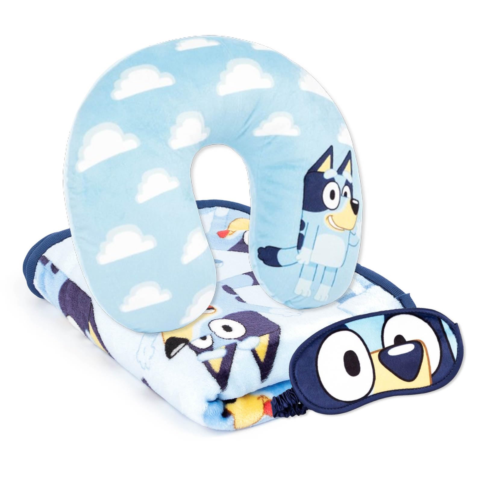Jay Franco Bluey Kids Travel Set - 3 Piece Set Includes 40 x 50 Throw Blanket, Eye Mask, and Neck Pillow - Super Soft & Cozy Travel Accessories