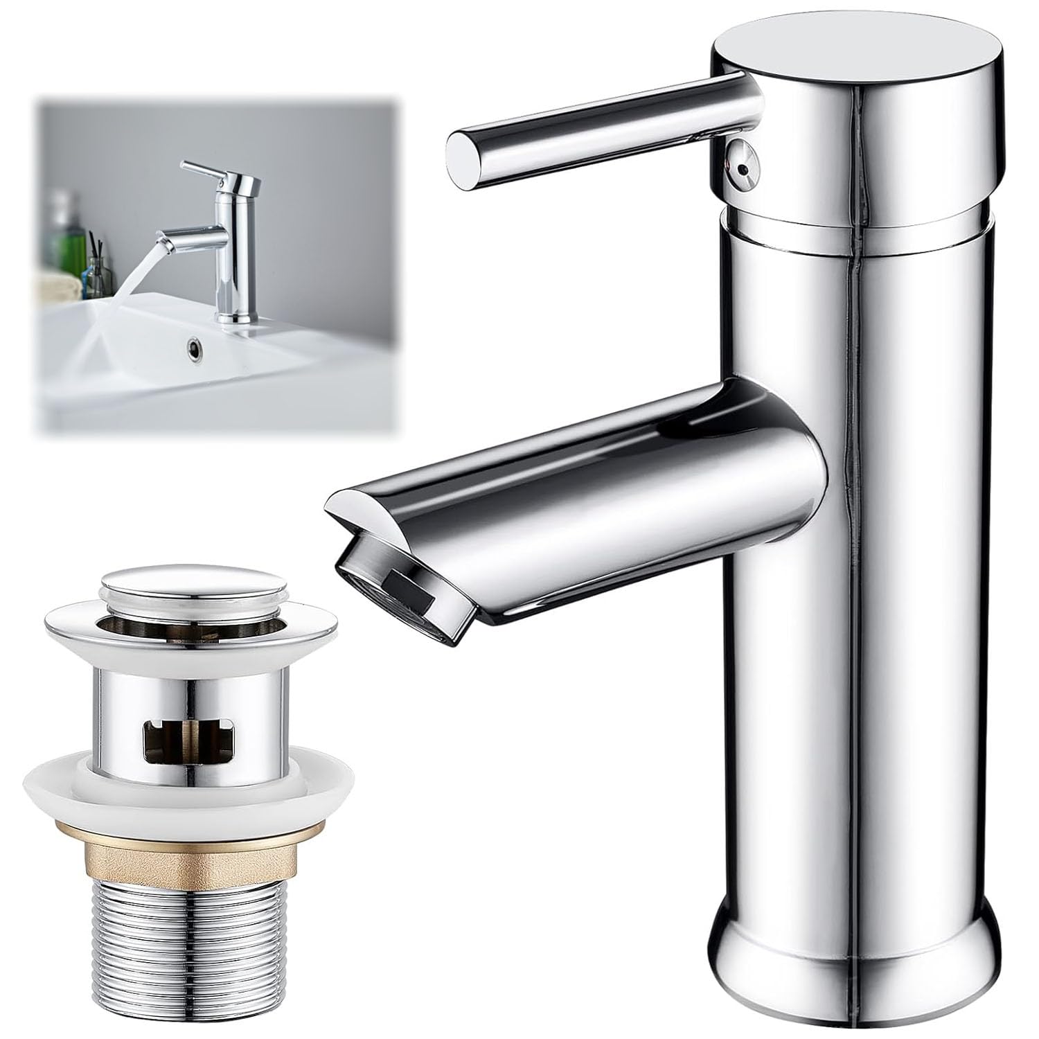 Basin Taps Mixer Waterfall Bathroom Sink Tap with Pop Up Waste Slotted Bathroom Sink Tap Mixers Single Lever Chrome Stainless Steel with G1/2 Hoses Round 1 Hole