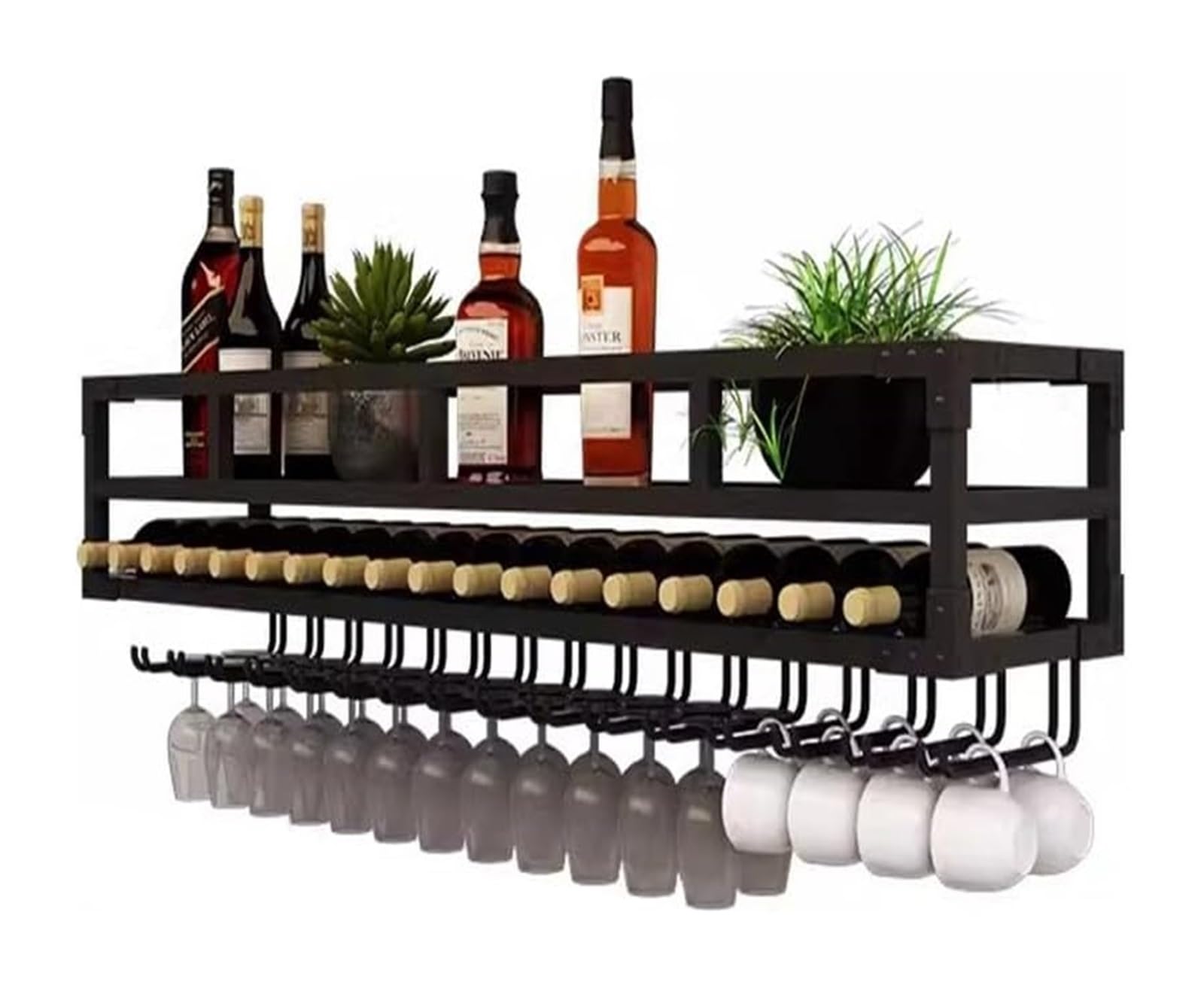 LED-Weinregal Zur Wandmontage, Moderner Metall-Weinflaschen- Und Glashalter For Aufhängen, Schwebende Regale For Die Dekoration Zu Hause, In Der Küche, In Der Bar, Im Restaurant(Black,80x25x27cm)