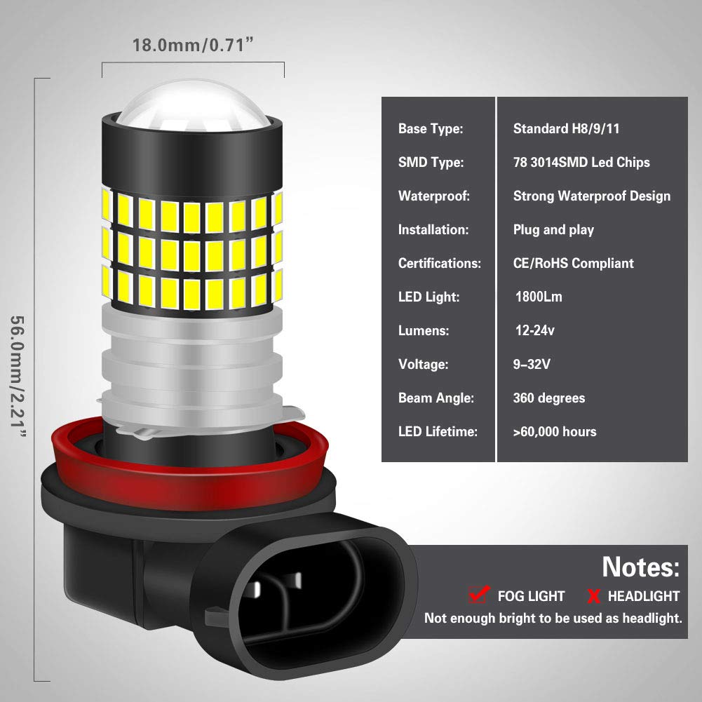 Lampadine H11 H8 H9 LED Xenon White 1800LM 3014SMD Chipset 78-EX con obiettivo Proiettore per luce di marcia diurna Luce per guida automobilistica, 6500K, 12-24V (2-Pack)