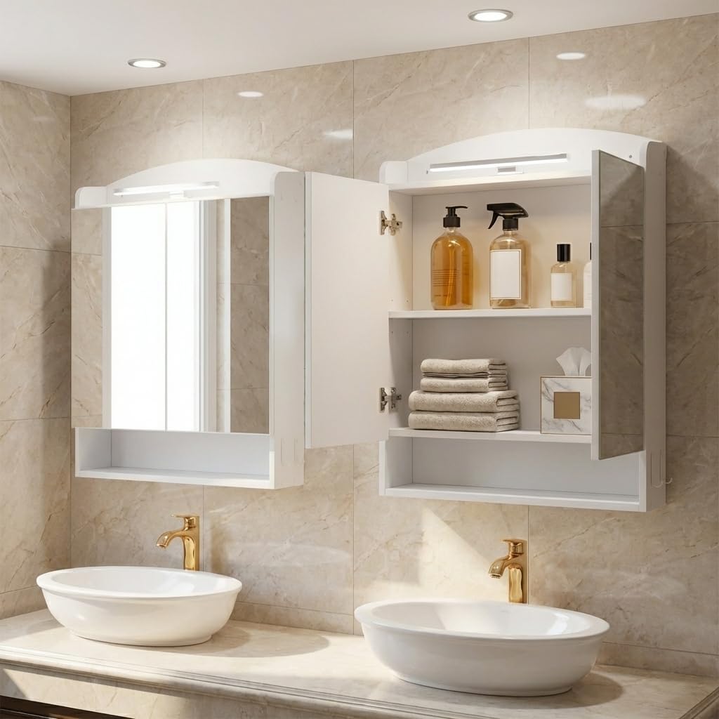Armario de baño con Espejo e iluminación, 60 cm de Ancho, con enchufes, Ganchos y Soporte para secador de Pelo, Blanco, 60 x 15 x 64,2 cm