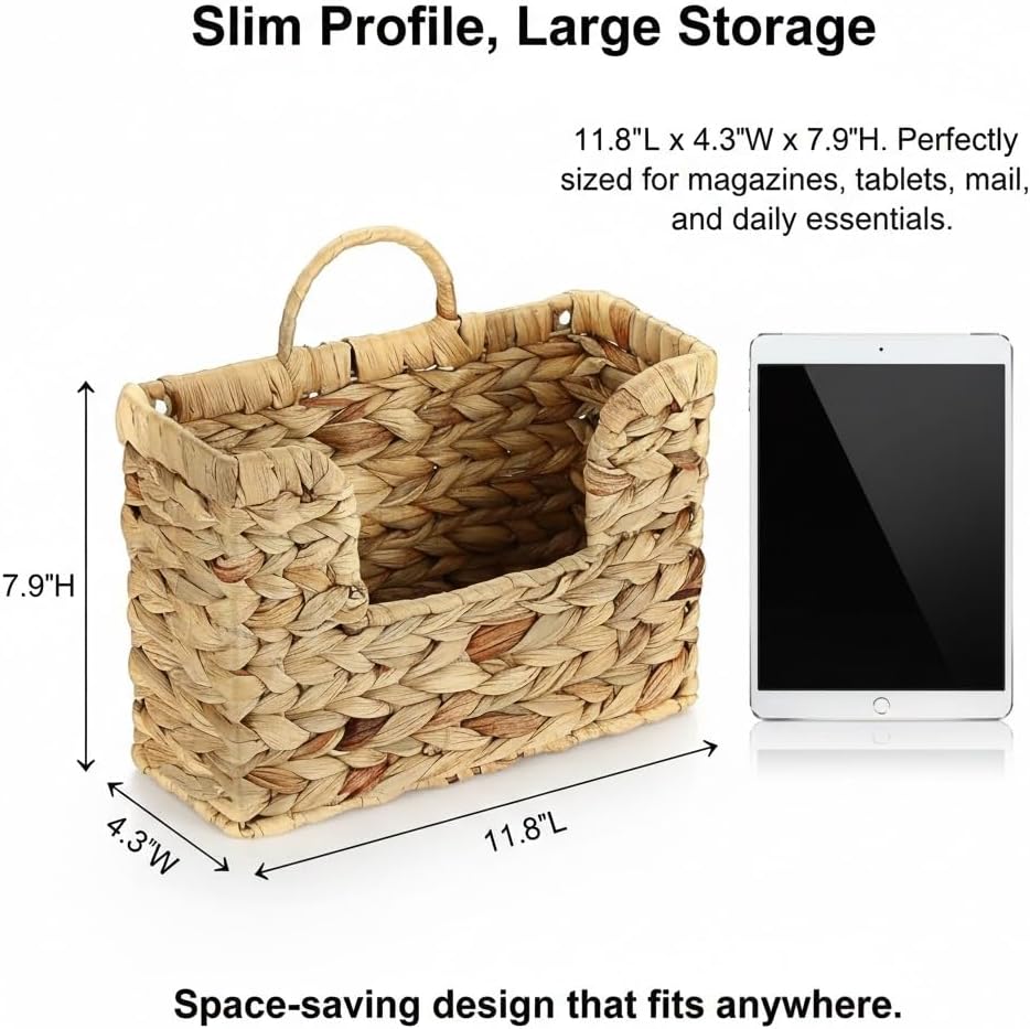 Handwoven Water Hyacinth Wall Basket Storage with Non-Trace Nails - Decorative Hanging Magazine File Holder & Mail Organizer for Wall or Desk - Damage-Free Wicker Book Basket for Office & Home