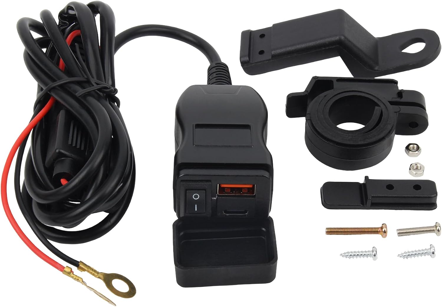 Motorcycle USB Charger QC 3.0 Phone Charger Dual USB Type C Voltmeter Switch Compatible with Phone Tablet Black