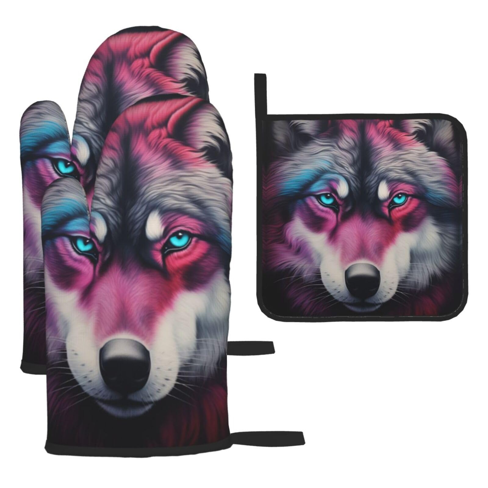 The wolf with blue eyes Oven mittens and oven mitts three-piece set suitable for oven, grilling, baking, microwave and home cooking.