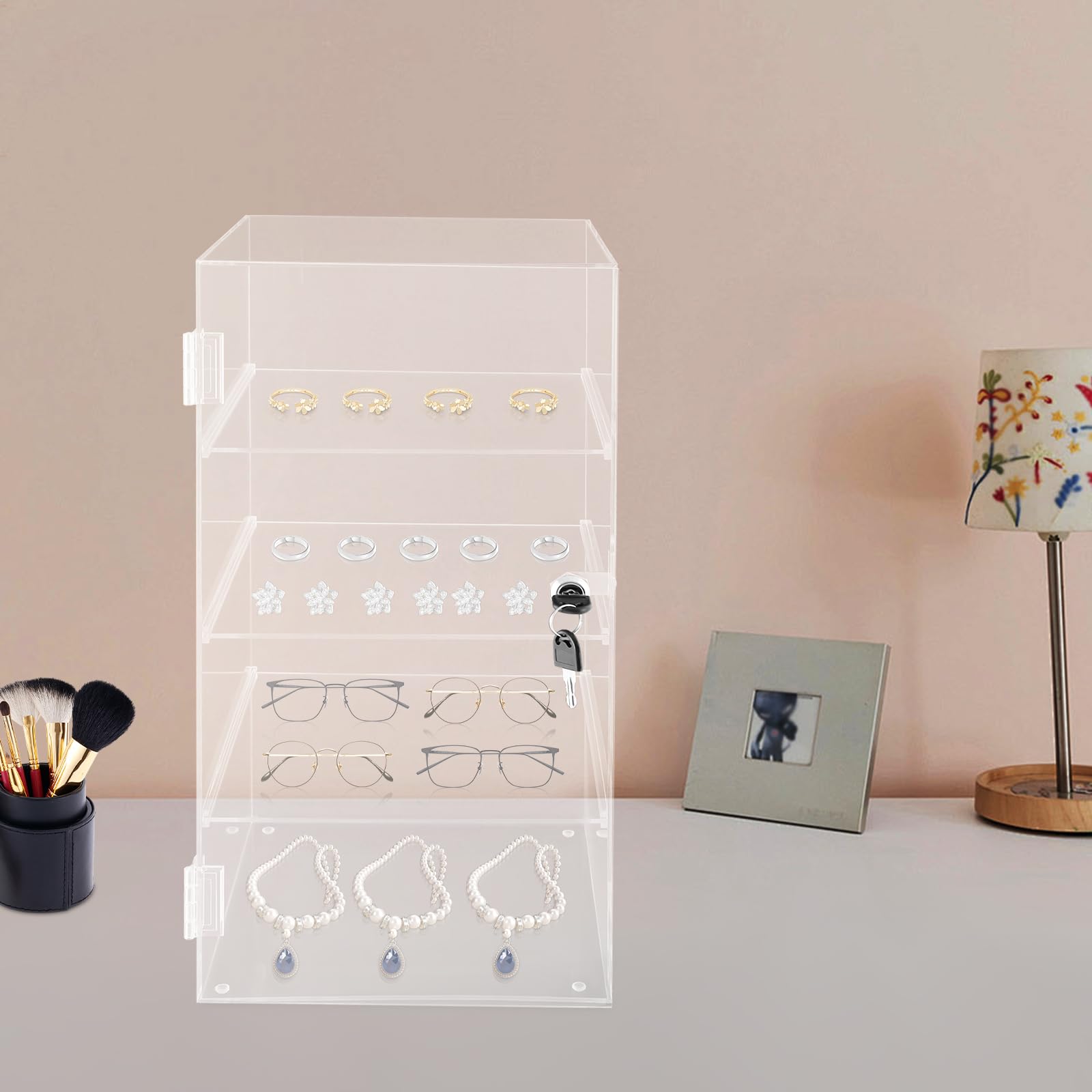 Acrylic Display Case with Lock Key, 4 Tier Acrylic Locking Display Case, Clear Acrylic Countertop Display Case, Acrylic Display Box Display Cabinet Multi Functional Safe Storage Box for Retail Store