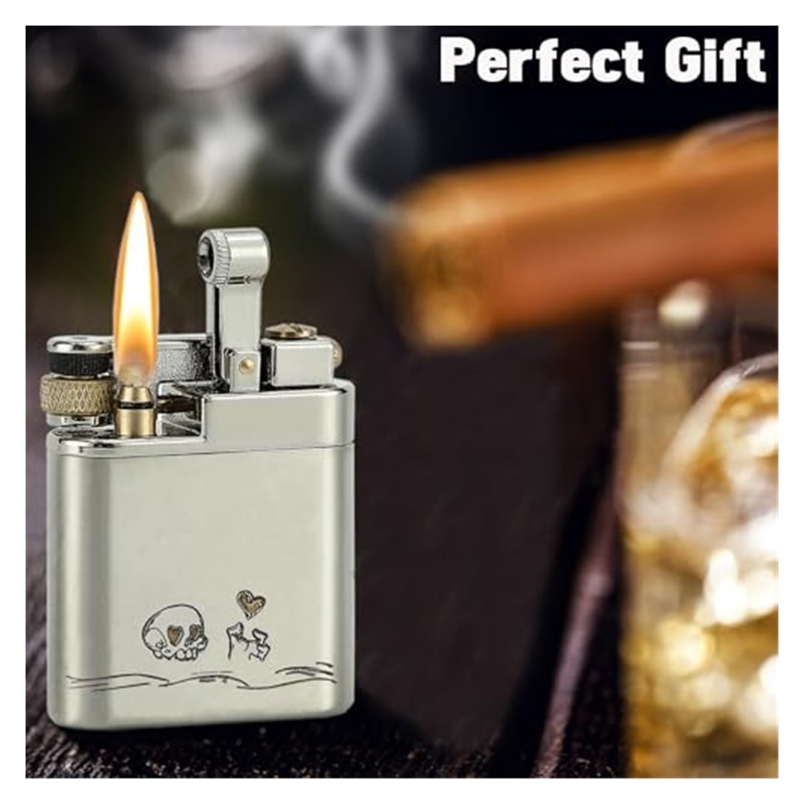 Encendedor de queroseno, latón vintage, grabado de doble cara, diseño de metal recargable, para hombres, papá, marido, elegancia y funcionalidad combinadas