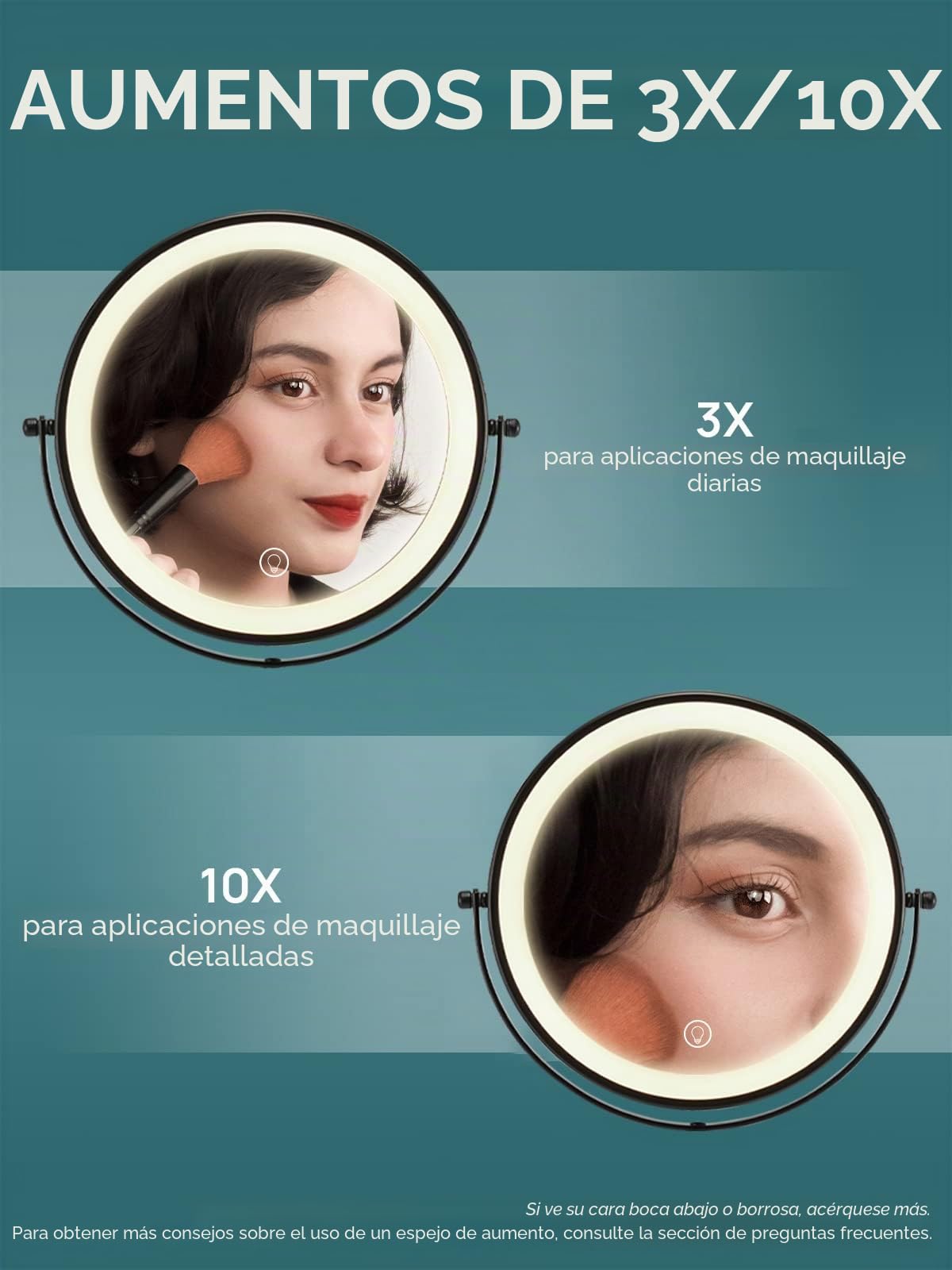 OMIRO Espejo Maquillaje LED con Aumento 3X/10X, Espejo Tocador sin Giro con Soporte Ajustable en Altura (Negro)